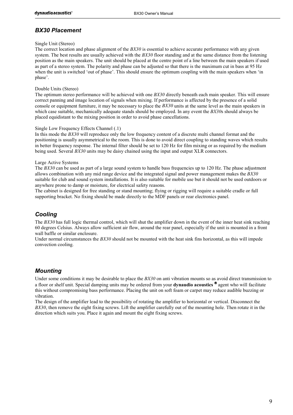 9bx30 placement, Cooling, Mounting | Dynaudio BX30 User Manual | Page 9 / 15