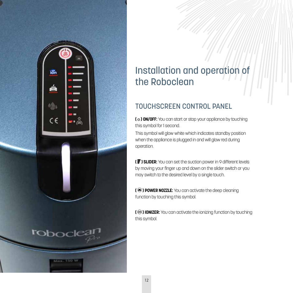 Installation and operation of the roboclean, Touchscreen control panel | İhlas Aura Roboclean User Manual | Page 12 / 28