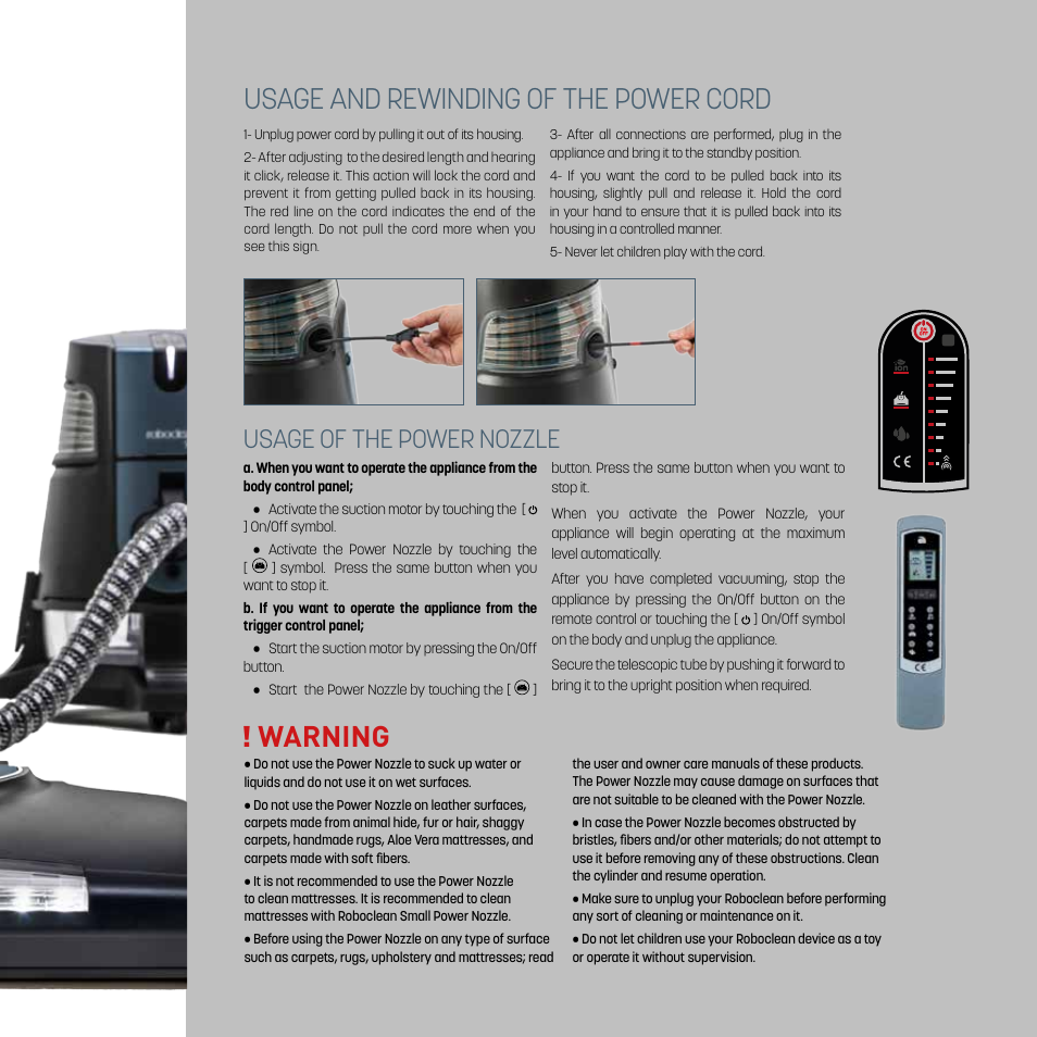 Warning, Usage and rewinding of the power cord, Usage of the power nozzle | İhlas Aura Roboclean User Manual | Page 17 / 28