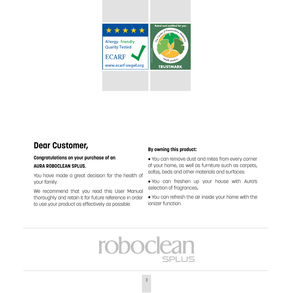 Dear customer | İhlas Aura Roboclean User Manual | Page 3 / 28