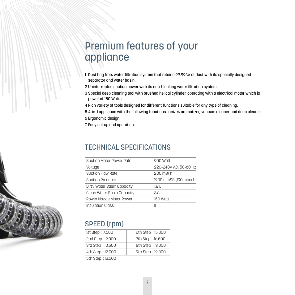 Premium features of your appliance, Technical specifications, Speed (rpm) | İhlas Aura Roboclean User Manual | Page 7 / 28