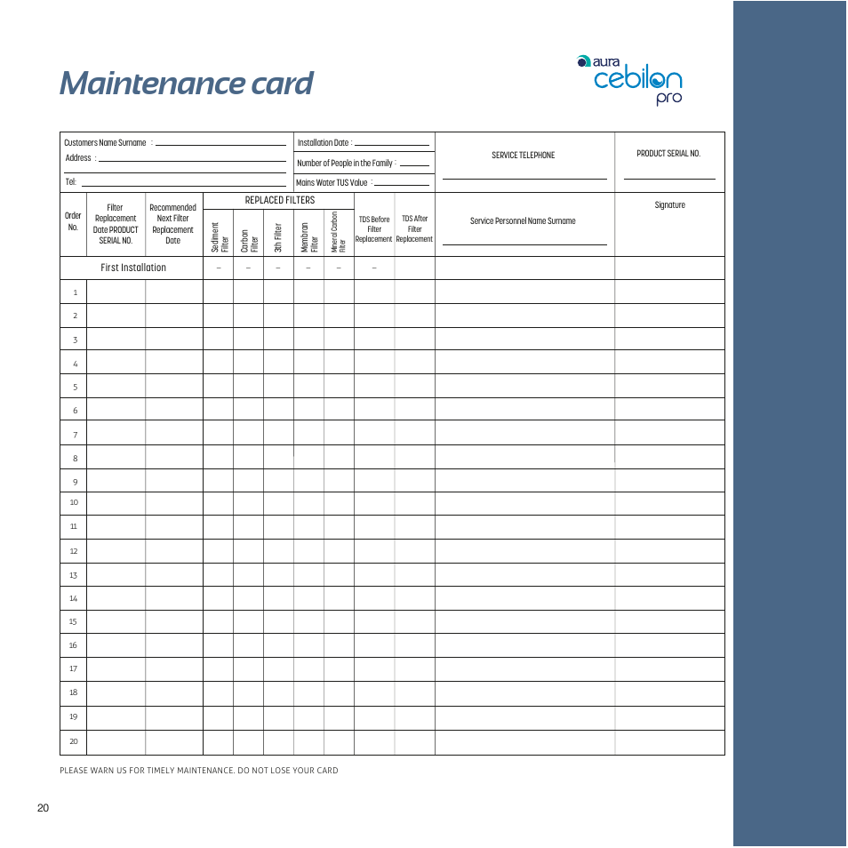 Maintenance card | İhlas Aura Cebilon Unique User Manual | Page 20 / 24