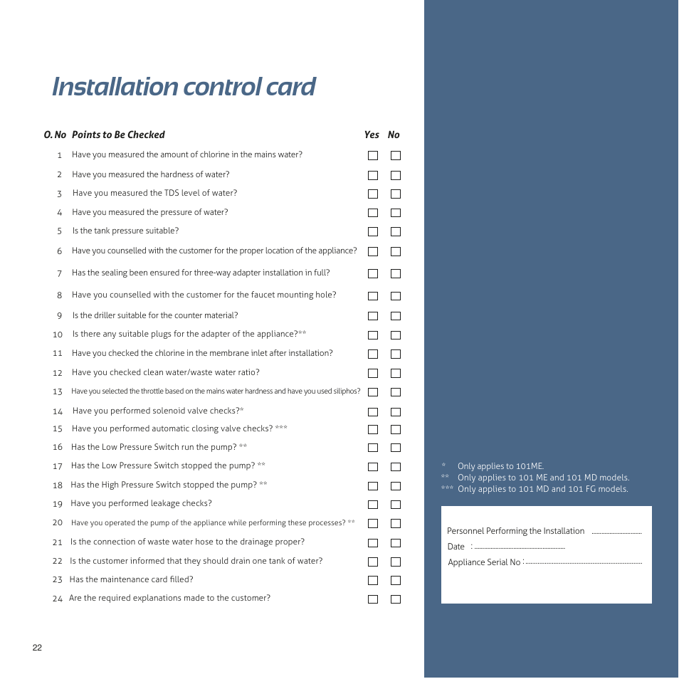 Installation control card | İhlas Aura Cebilon Unique User Manual | Page 22 / 24