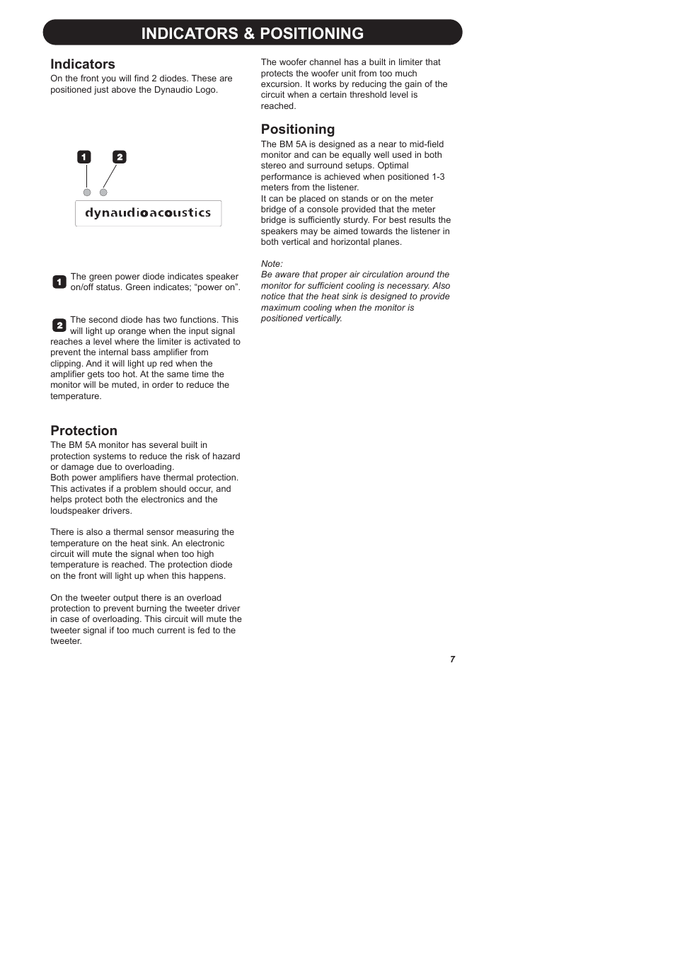 Indicators & positioning, Indicators, Protection | Positioning | Dynaudio BM 5A User Manual | Page 9 / 11
