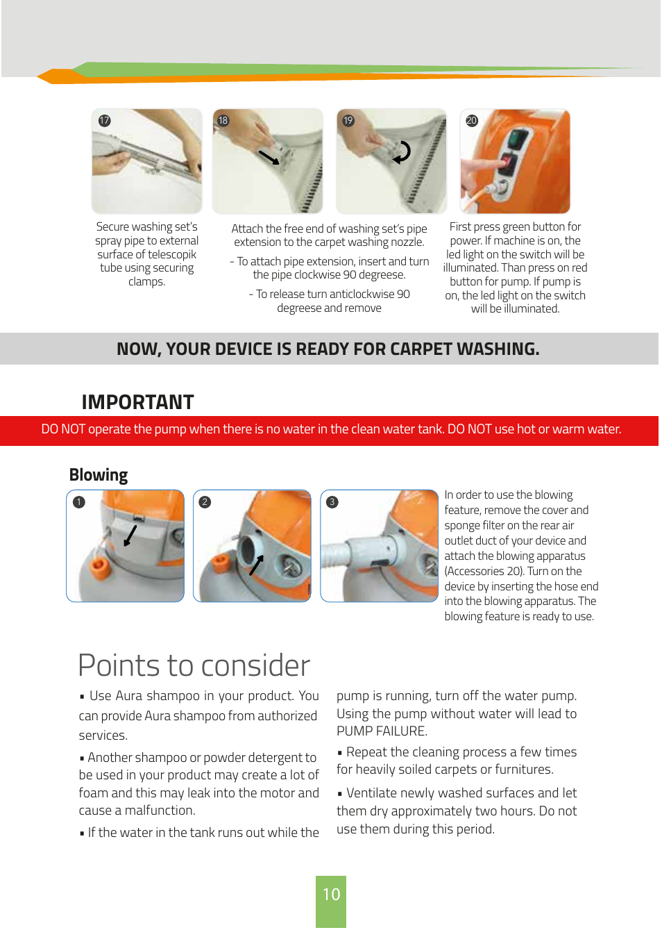 Points to consider, Important, Now, your device is ready for carpet washing | Blowing | İhlas Aura QVac User Manual | Page 10 / 12