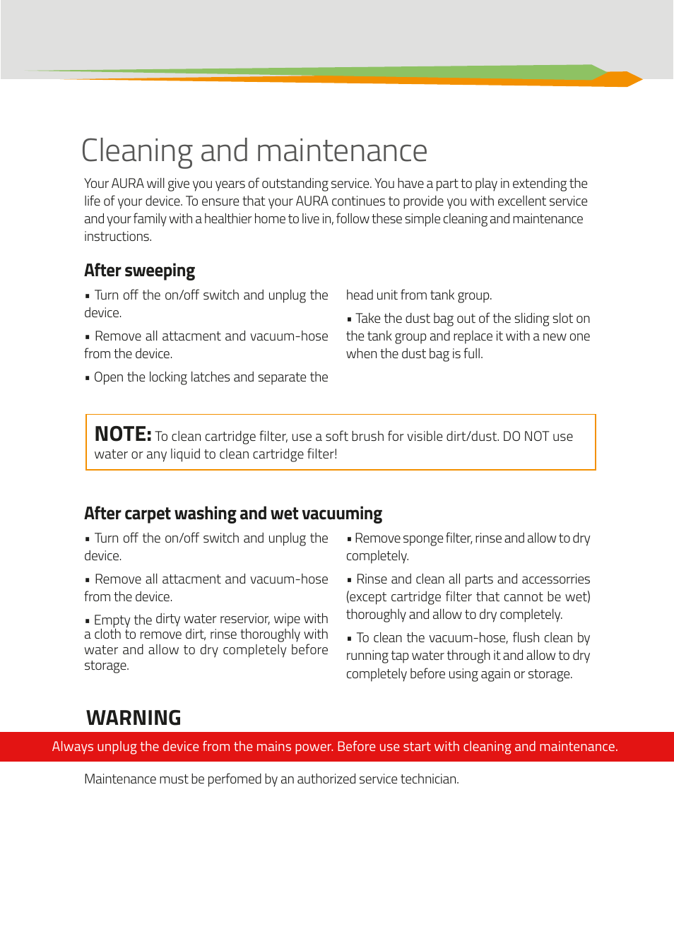 Cleaning and maintenance, Warning, After carpet washing and wet vacuuming | After sweeping | İhlas Aura QVac User Manual | Page 11 / 12