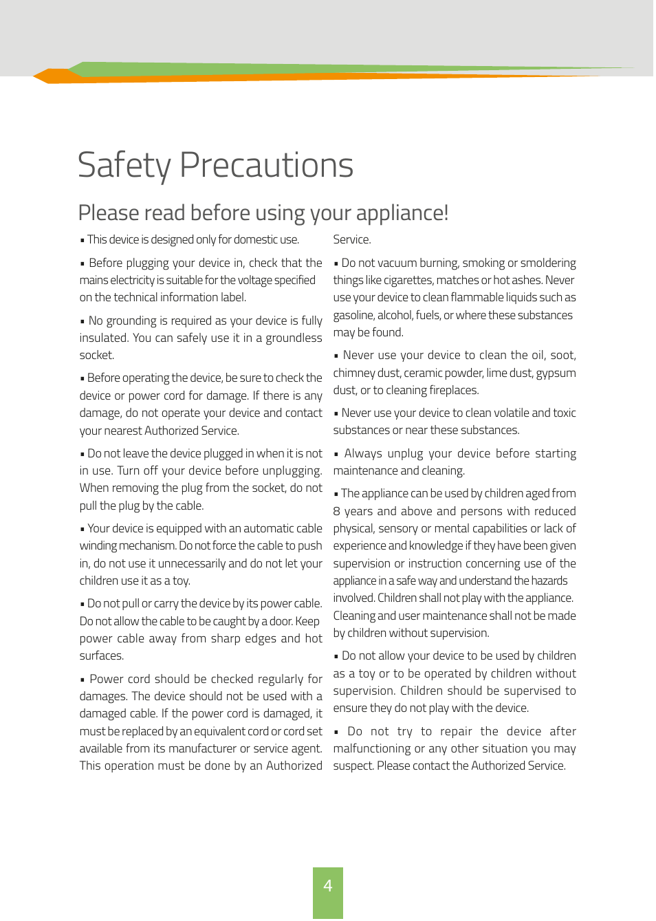 Safety precautions | İhlas Aura QVac User Manual | Page 4 / 12