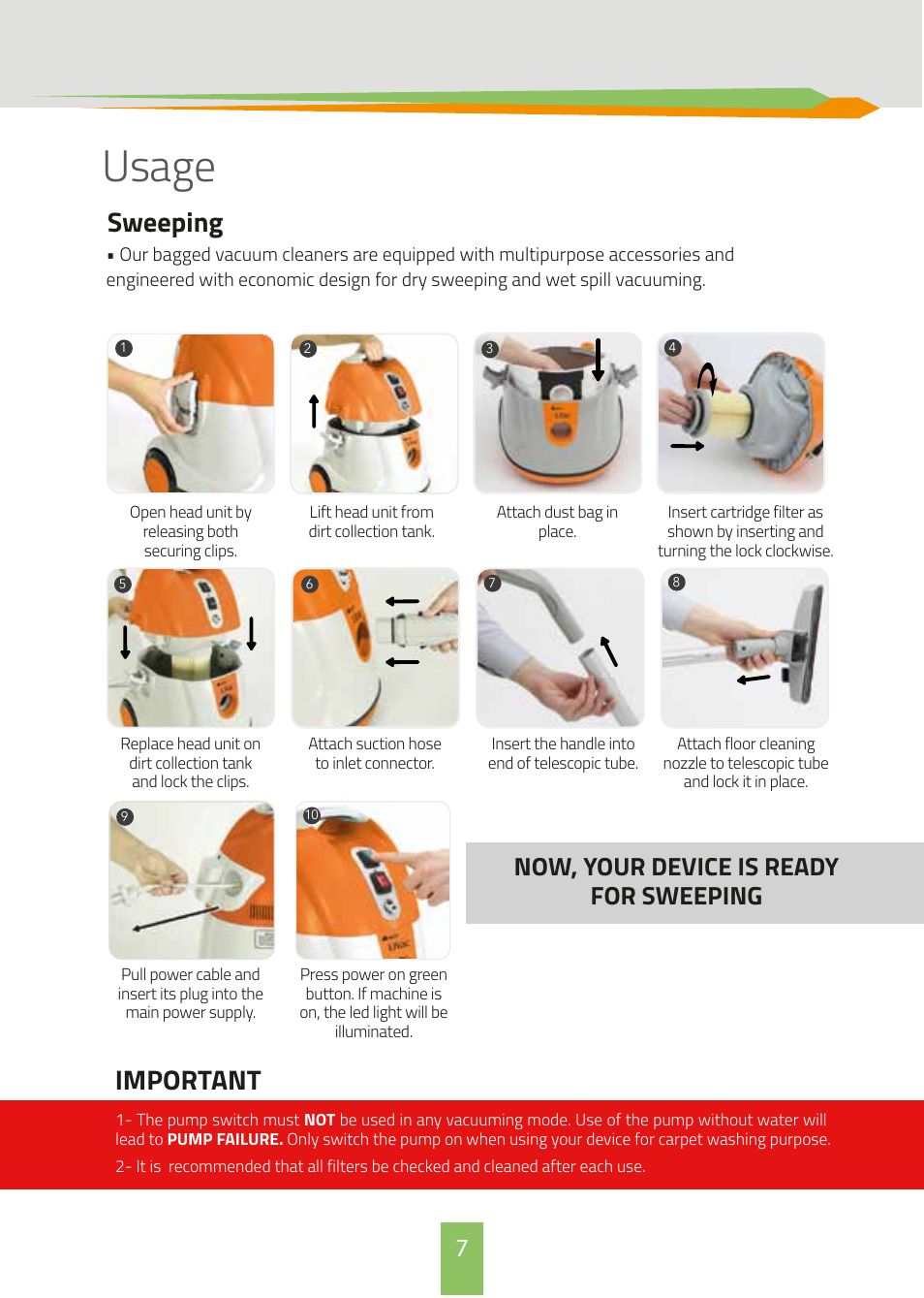 Usage, Sweeping, Important | Now, your device is ready for sweeping | İhlas Aura QVac User Manual | Page 7 / 12