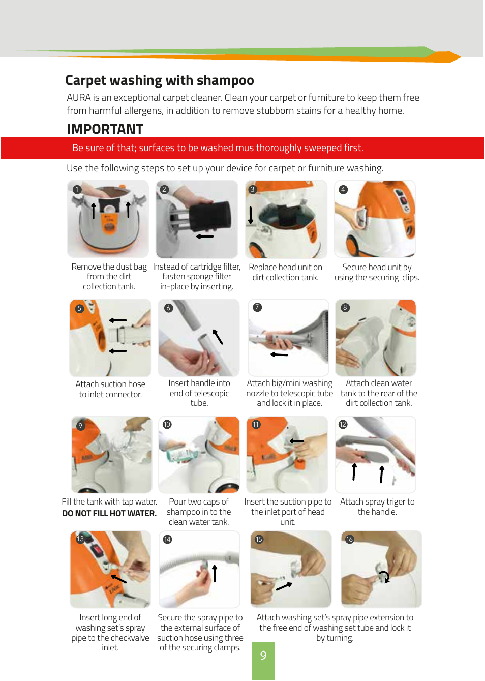 Carpet washing with shampoo, Important | İhlas Aura QVac User Manual | Page 9 / 12
