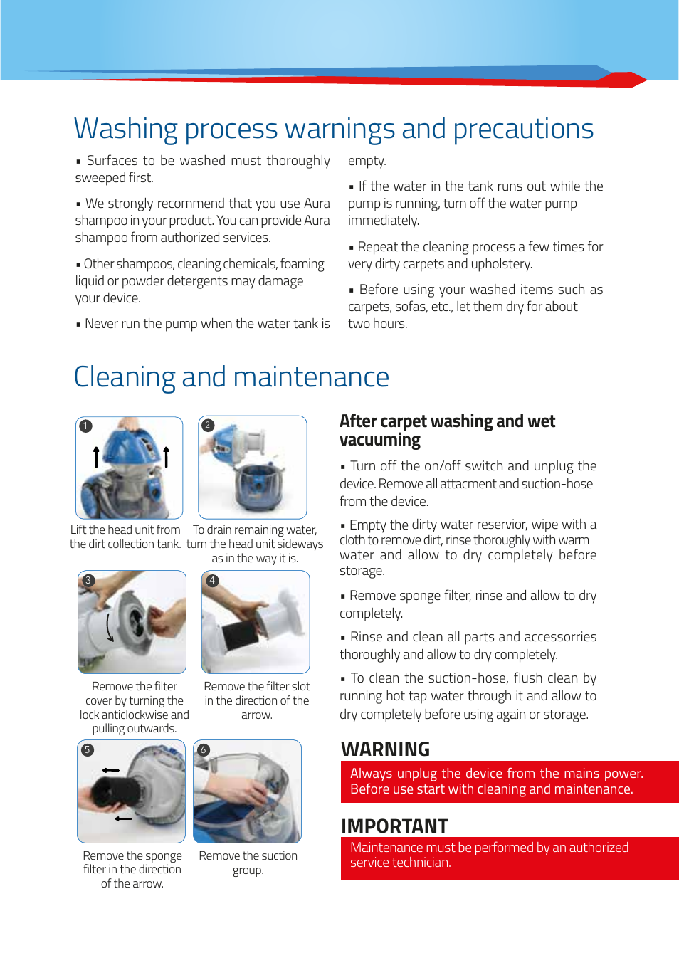 Important, Warning, After carpet washing and wet vacuuming | İhlas Aura MaxiVac User Manual | Page 11 / 12