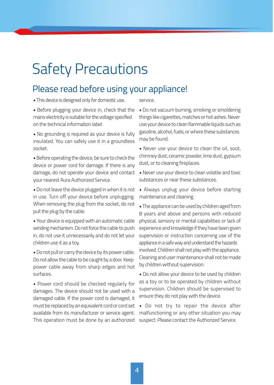 Safety precautions | İhlas Aura MaxiVac User Manual | Page 4 / 12