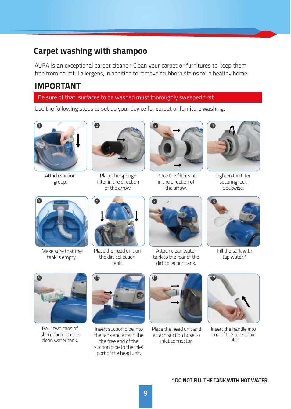 Carpet washing with shampoo, Important | İhlas Aura MaxiVac User Manual | Page 9 / 12