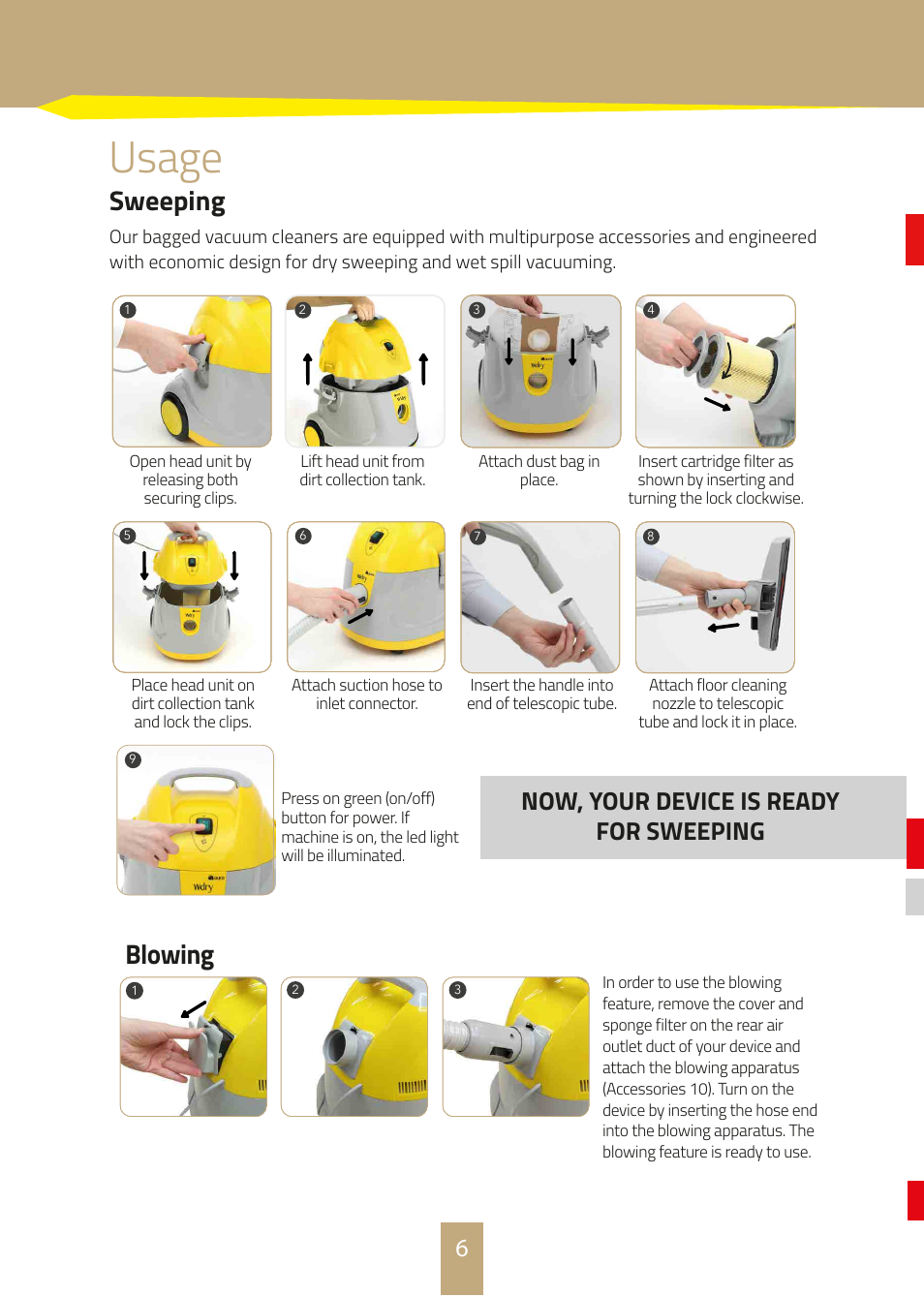 Usage, Sweeping, Blowing | Now, your device is ready for sweeping | İhlas Aura Wdry Wet & Dry User Manual | Page 6 / 8