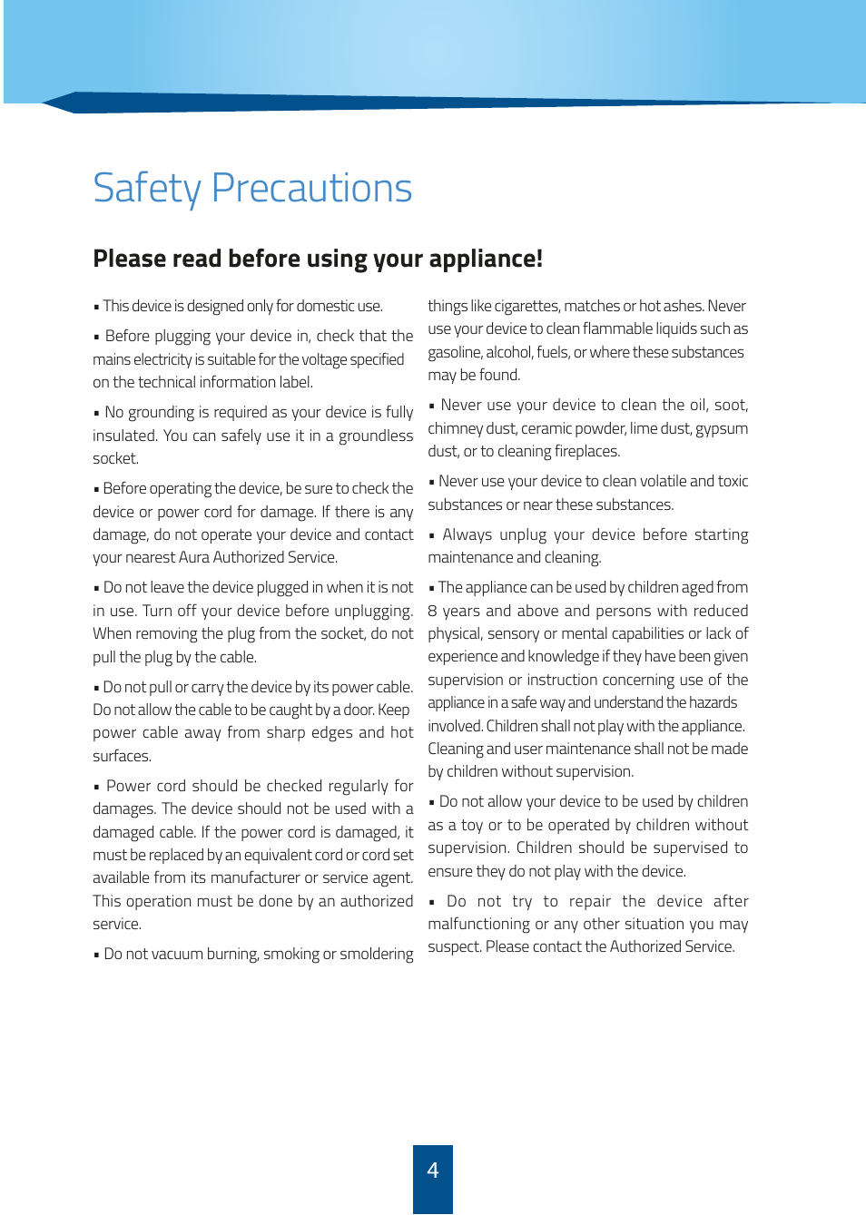 Safety precautions | İhlas Aura StillVac User Manual | Page 4 / 8