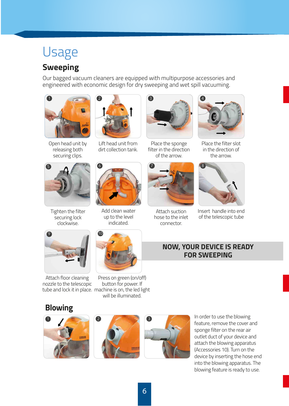 Usage, Sweeping, Blowing | Now, your device is ready for sweeping | İhlas Aura StillVac User Manual | Page 6 / 8