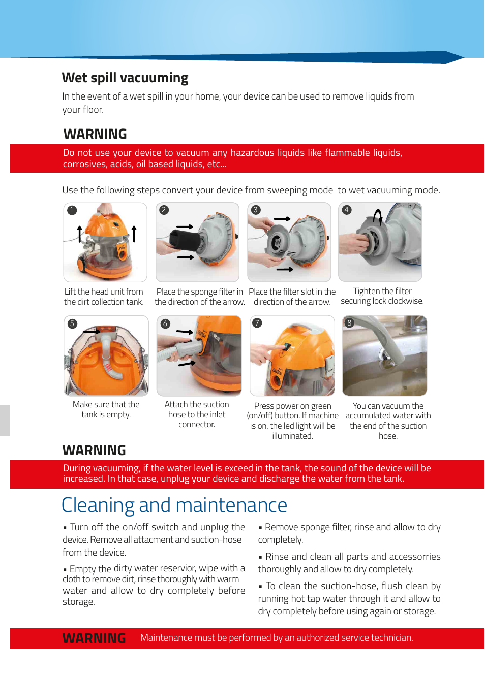 Cleaning and maintenance, Warning, Wet spill vacuuming | İhlas Aura StillVac User Manual | Page 7 / 8