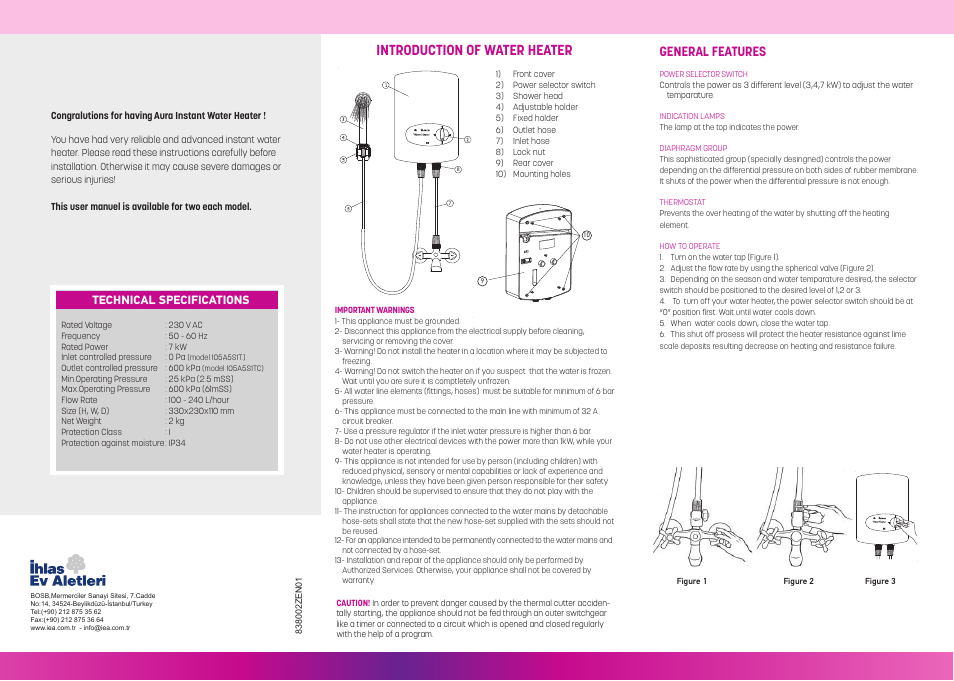 Introduction of water heater, General features, Technical specifications | İhlas Aura Water Heater User Manual | Page 2 / 2