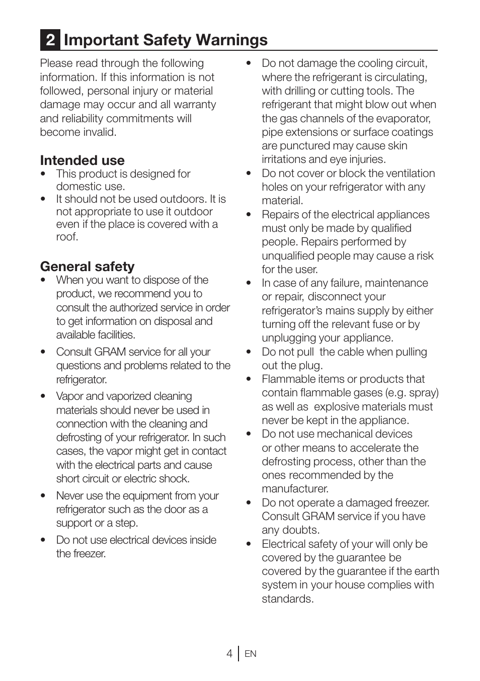 2important safety warnings, Intended use, General safety | GRAM KS 3315-93 X/1 User Manual | Page 70 / 84