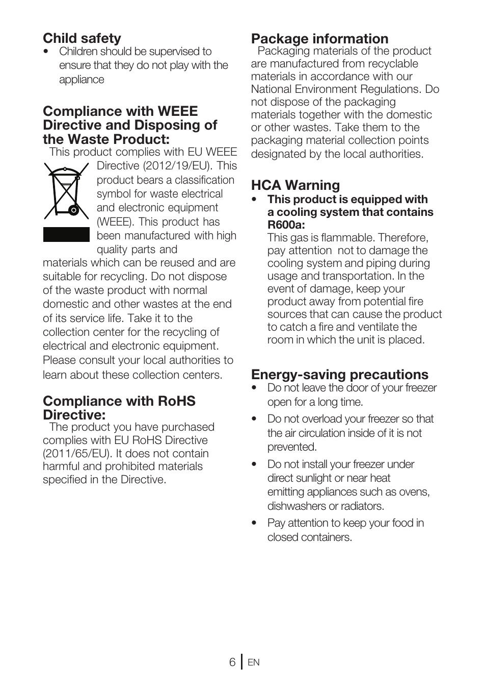 Child safety, Compliance with rohs directive, Package information | Hca warning, Energy-saving precautions | GRAM KS 3315-93 X/1 User Manual | Page 72 / 84