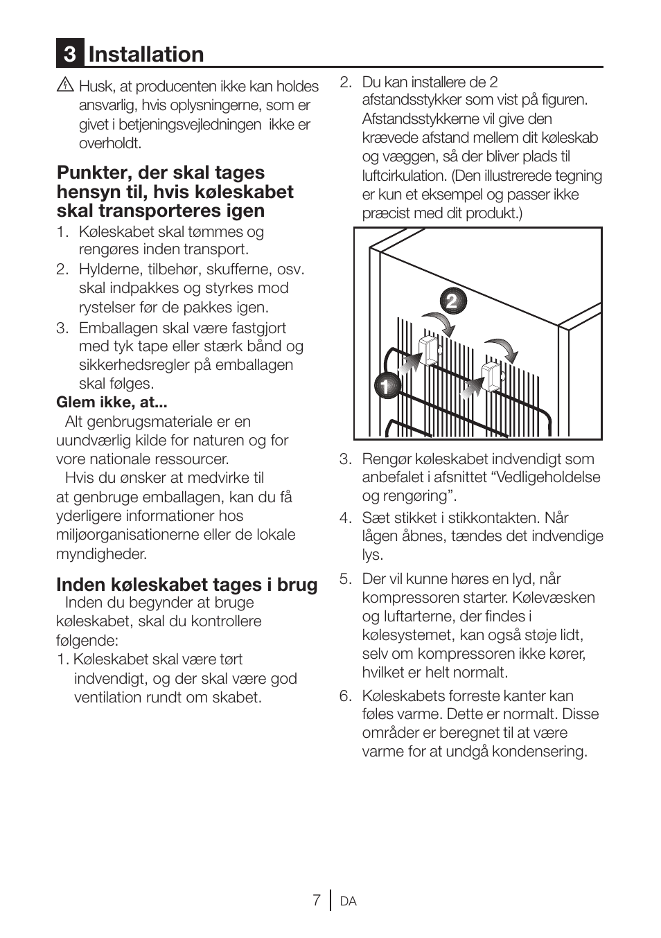 3installation, Inden køleskabet tages i brug | GRAM KS 3315-93 X/1 User Manual | Page 9 / 84