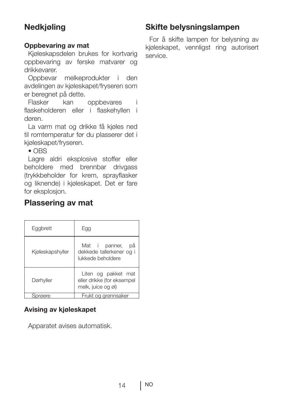 Nedkjøling, Plassering av mat, Skifte belysningslampen | GRAM KS 3265-93/1 User Manual | Page 33 / 94