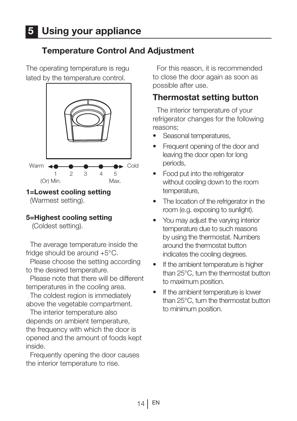 5using your appliance, Temperature control and adjustment, Thermostat setting button | GRAM KS 3265-93/1 User Manual | Page 88 / 94