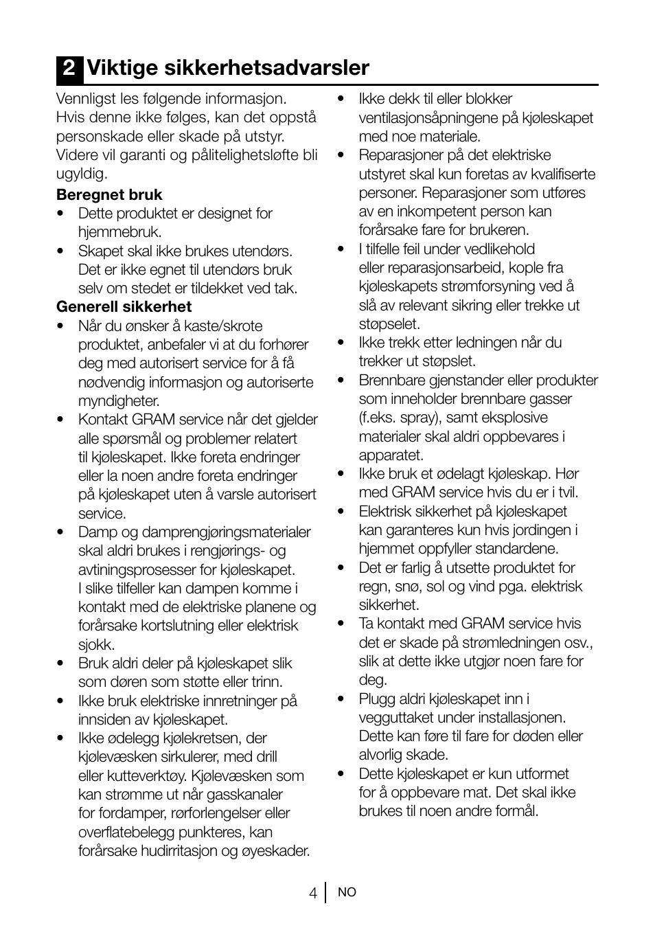 2viktige sikkerhetsadvarsler | GRAM KS 3135-90/1 User Manual | Page 23 / 110