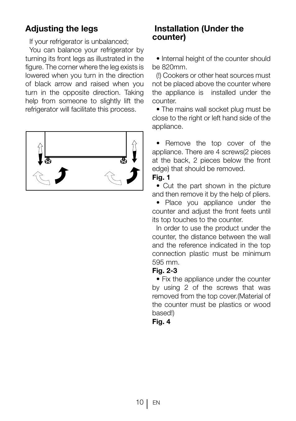 Installation (under the counter), Adjusting the legs | GRAM KS 3135-90/1 User Manual | Page 82 / 110