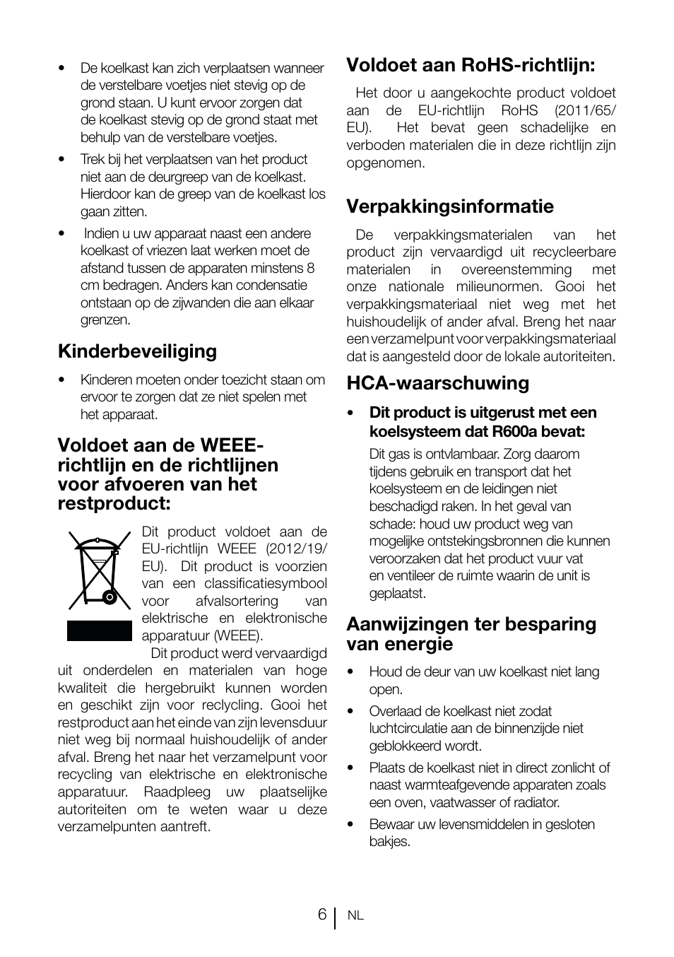Kinderbeveiliging, Voldoet aan rohs-richtlijn, Verpakkingsinformatie | Hca-waarschuwing, Aanwijzingen ter besparing van energie | GRAM KS 3135-90/1 User Manual | Page 97 / 110