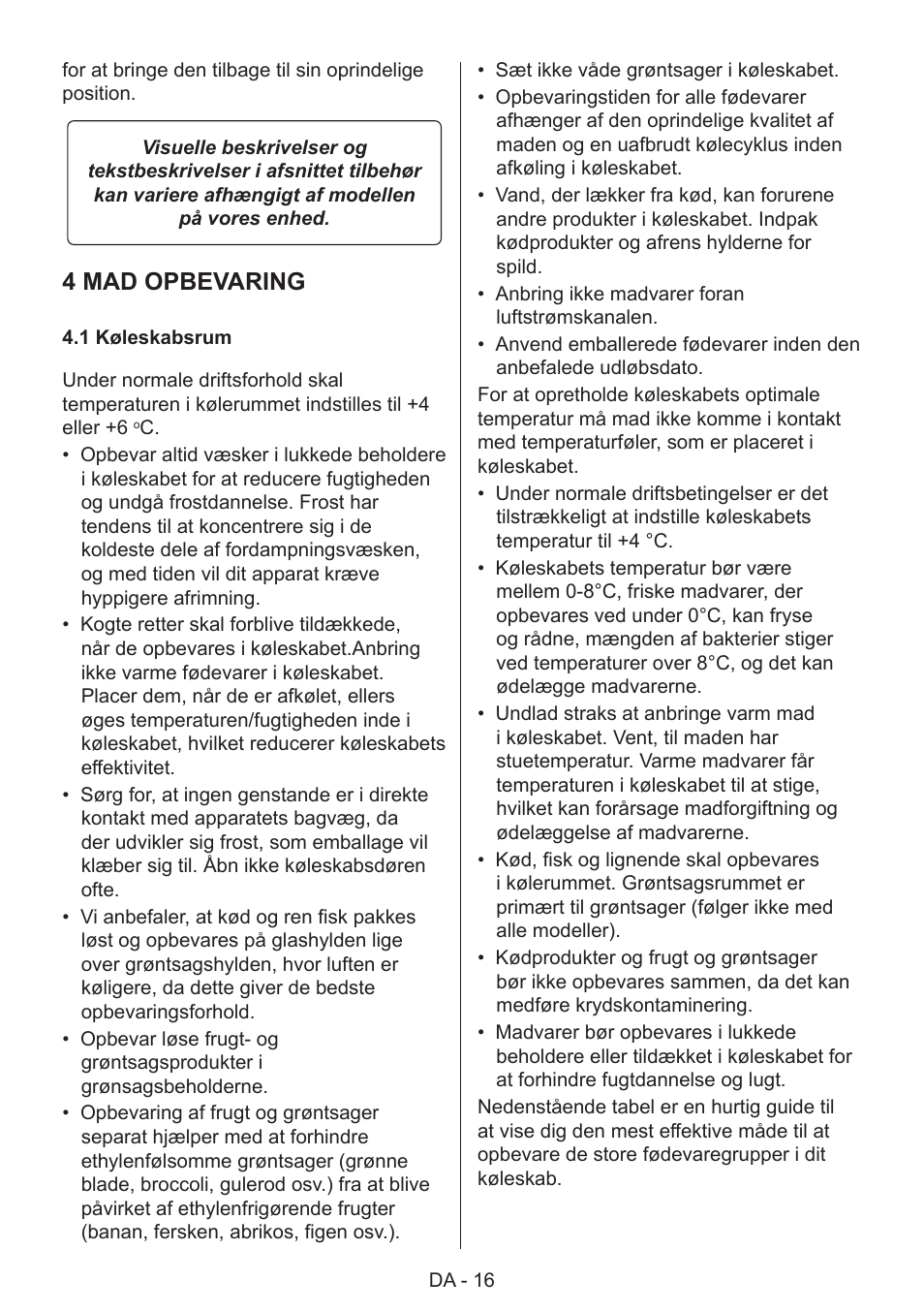 4 mad opbevaring | GRAM 49SK 4186 F User Manual | Page 17 / 112