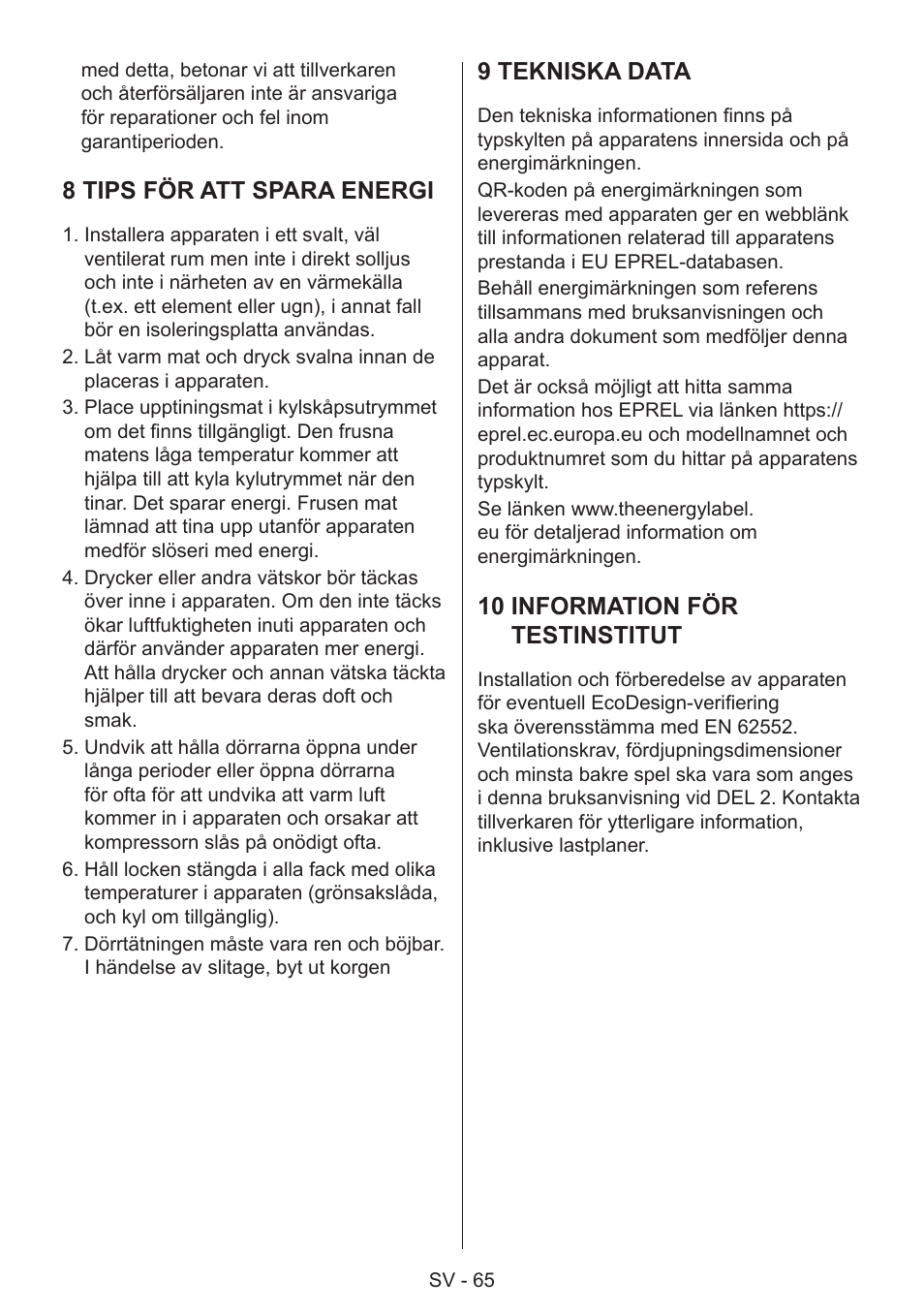 8 tips för att spara energi, 9 tekniska data, 10 information för testinstitut | GRAM 49SK 4186 F User Manual | Page 66 / 112