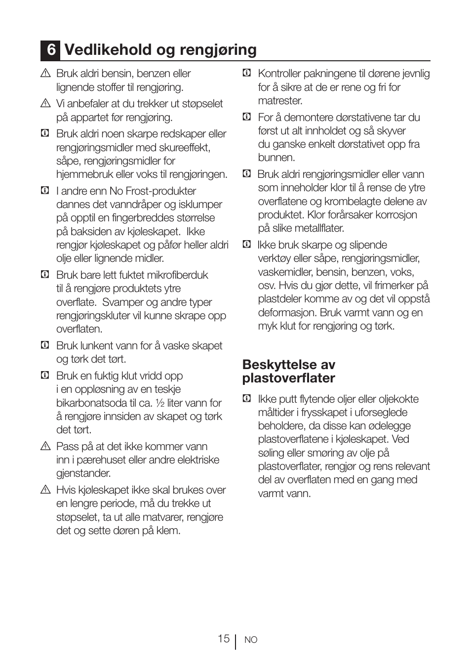 6vedlikehold og rengjøring, Beskyttelse av plastoverflater | GRAM KSU 3136-50/1 User Manual | Page 35 / 113