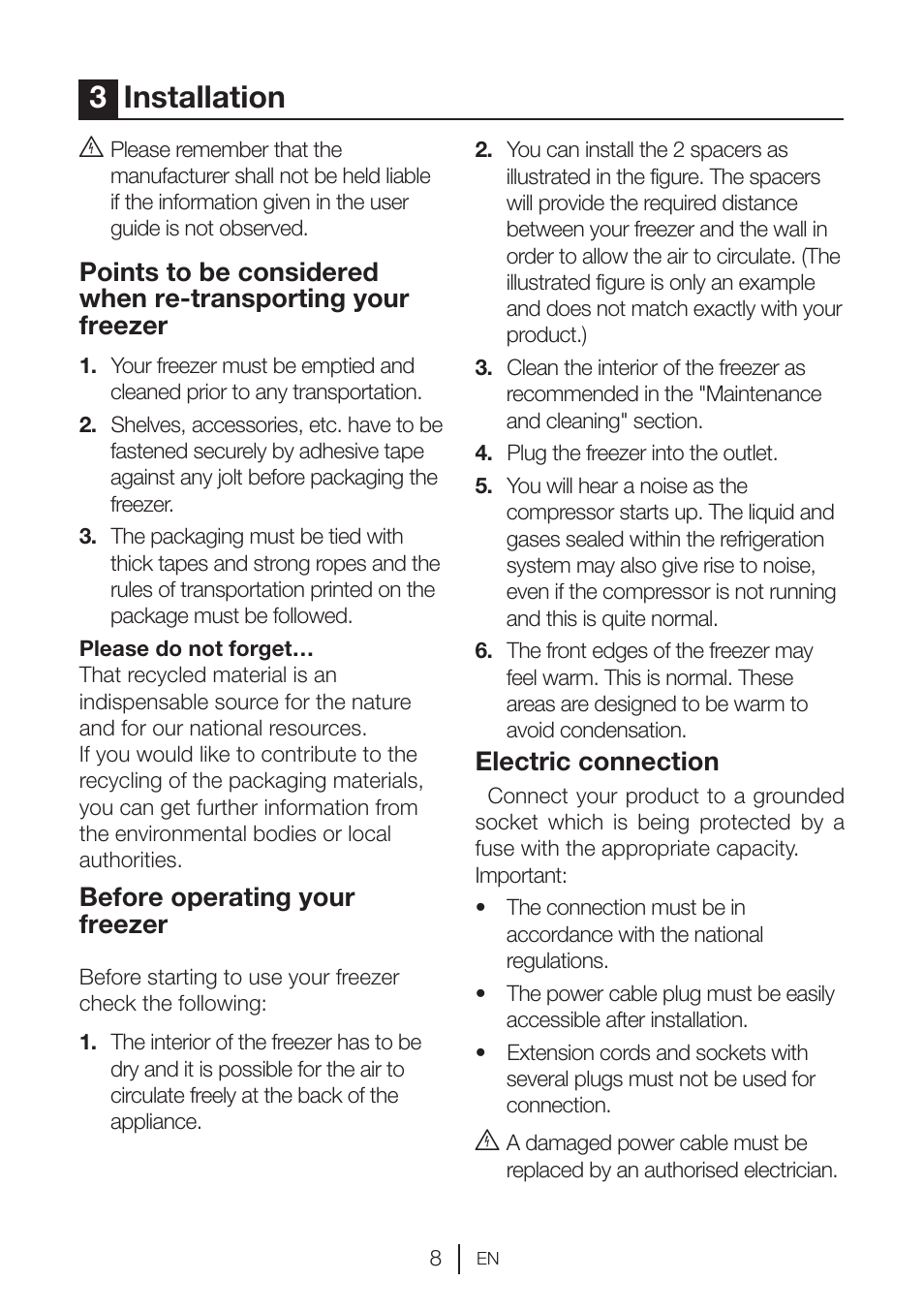 3installation, Before operating your freezer, Electric connection | GRAM KSU 3136-50/1 User Manual | Page 83 / 113