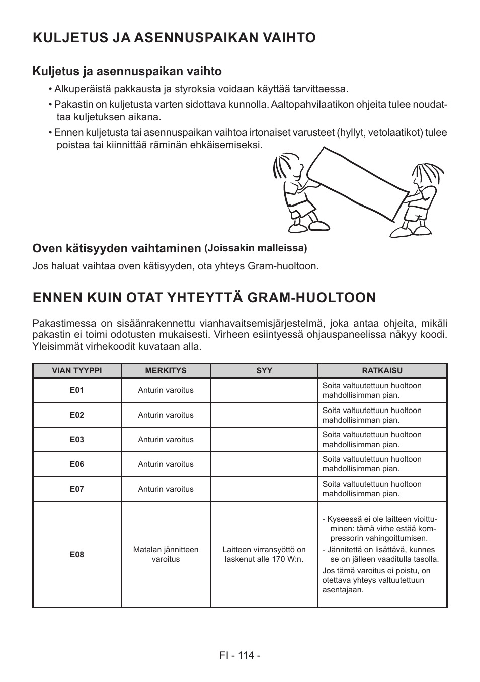 Ennen kuin otat yhteyttä gram-huoltoon, Kuljetus ja asennuspaikan vaihto, Oven kätisyyden vaihtaminen | GRAM FS 481864 N (v)/1 User Manual | Page 115 / 122