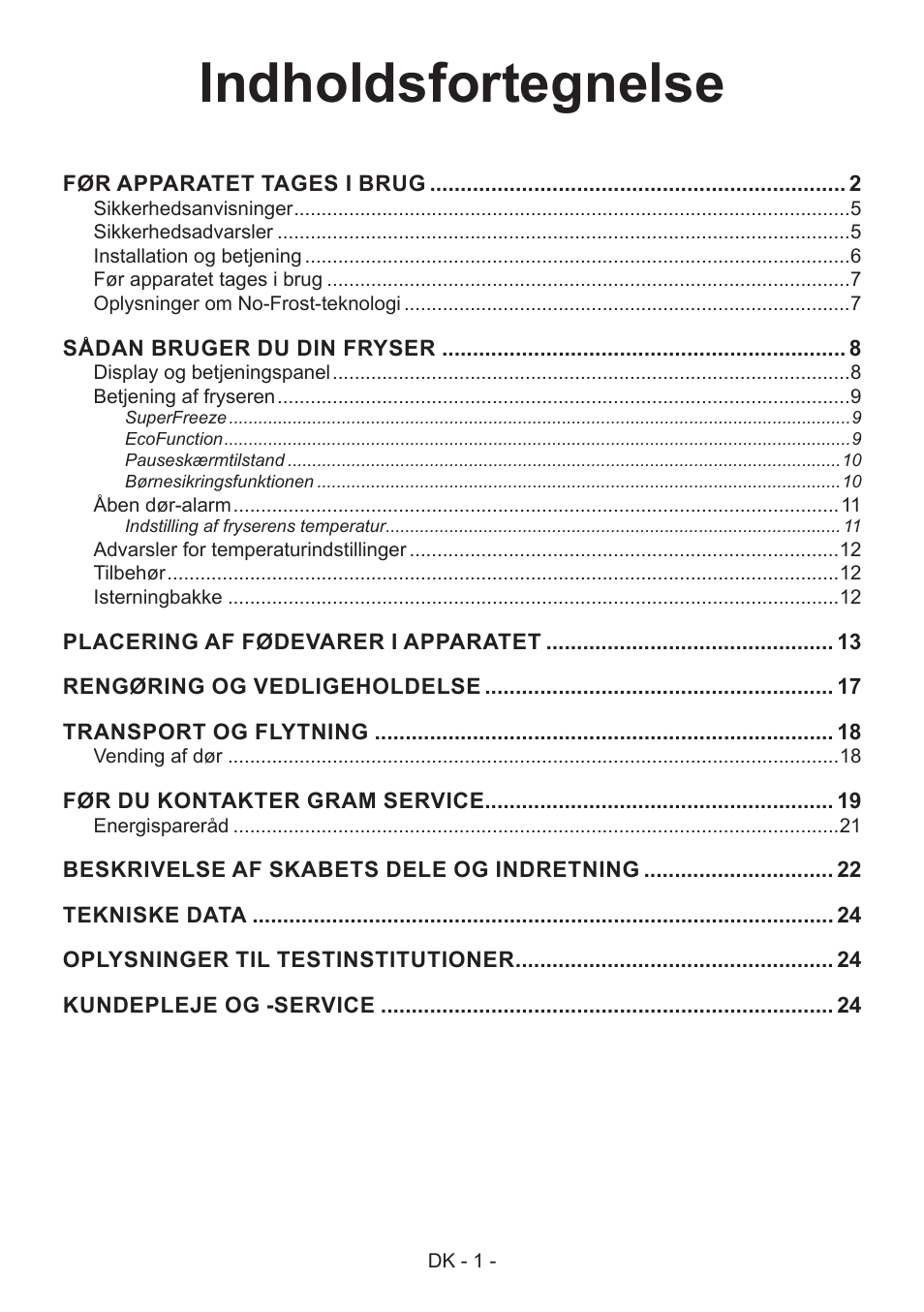 Indholdsfortegnelse | GRAM FS 481864 N (v)/1 User Manual | Page 2 / 122