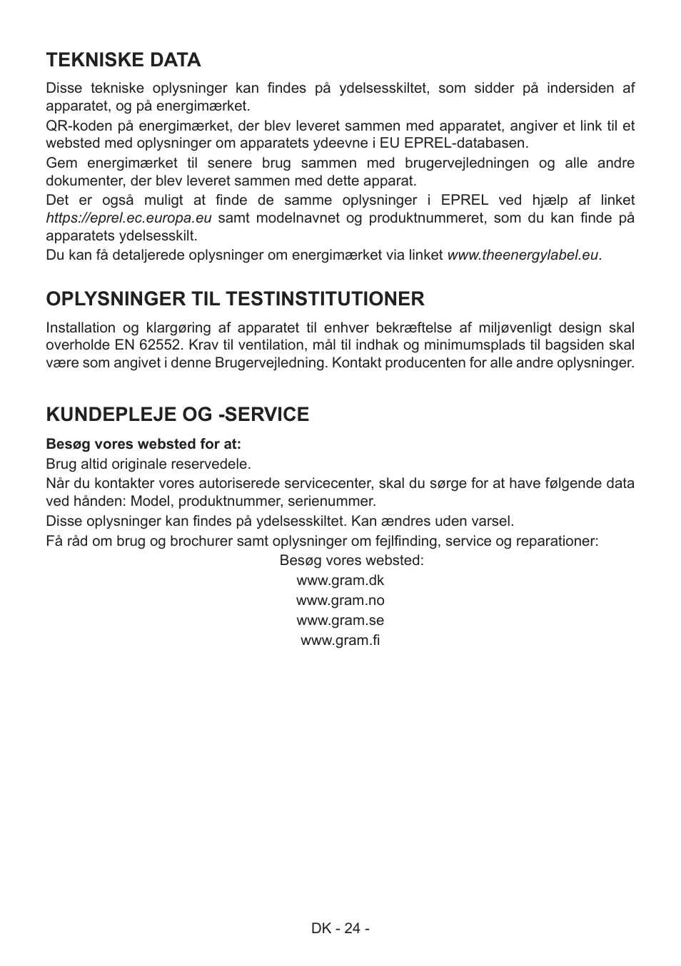 Tekniske data, Oplysninger til testinstitutioner, Kundepleje og -service | GRAM FS 481864 N (v)/1 User Manual | Page 25 / 122