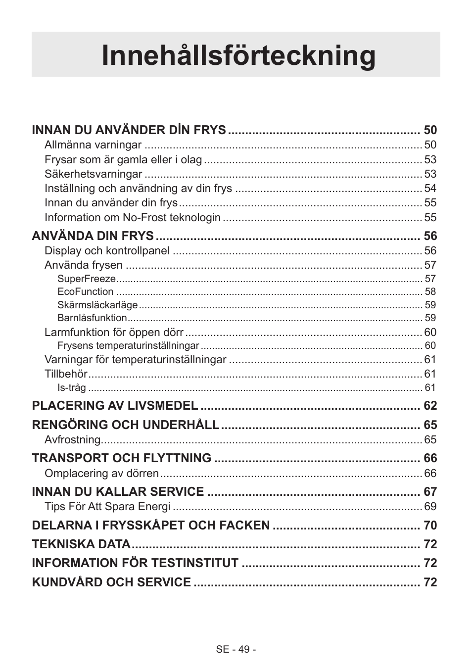 Innehållsförteckning | GRAM FS 481864 N (v)/1 User Manual | Page 50 / 122