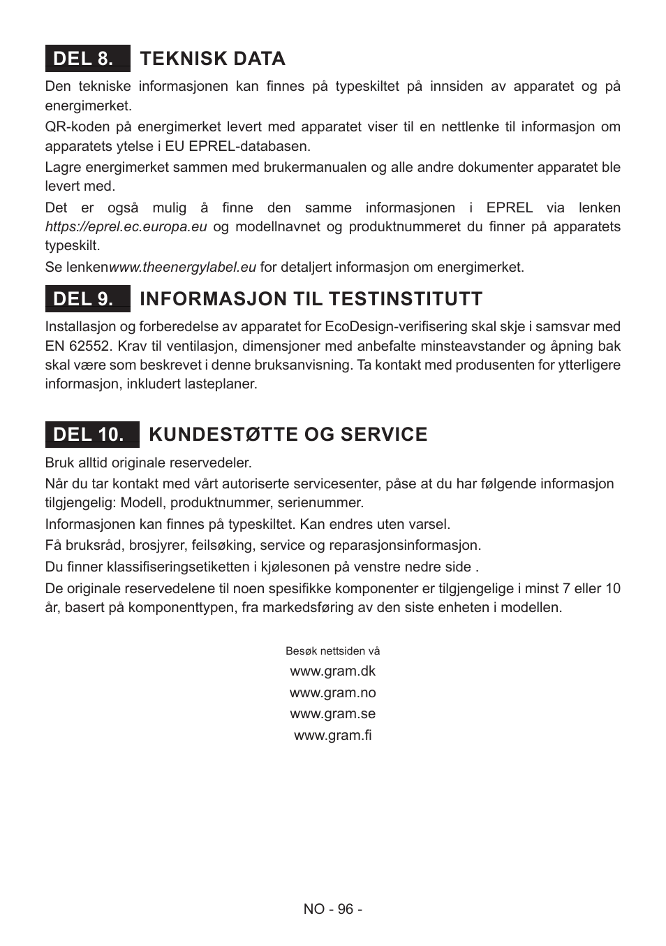 Teknisk data del 8, Informasjon til testinstitutt del 9, Kundestøtte og service del 10 | GRAM FS 481864 N (v)/1 User Manual | Page 97 / 122