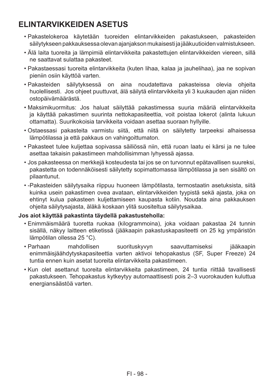 Elintarvikkeiden asetus | GRAM FS 441862 N (v)/1 User Manual | Page 100 / 112