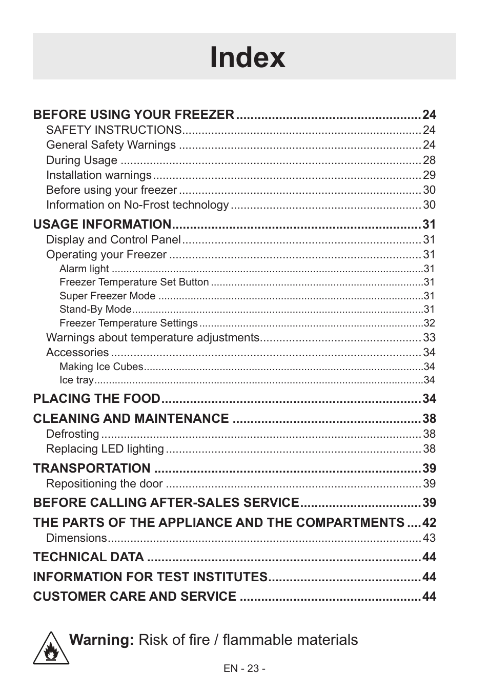 Index, Warning: risk of fire / flammable materials | GRAM FS 441862 N (v)/1 User Manual | Page 25 / 112