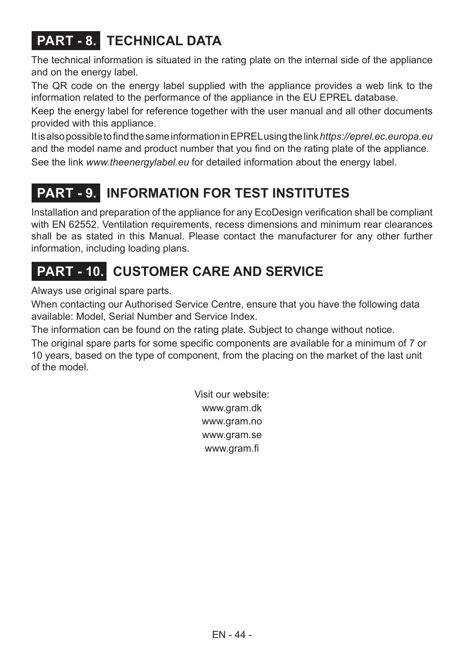 Technical data part - 8, Information for test institutes part - 9, Customer care and service part - 10 | GRAM FS 441862 N (v)/1 User Manual | Page 46 / 112