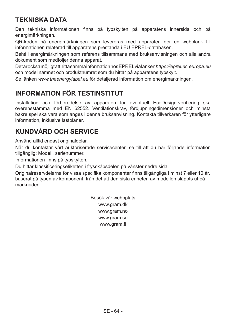 Tekniska data, Information för testinstitut, Kundvård och service | GRAM FS 441862 N (v)/1 User Manual | Page 66 / 112