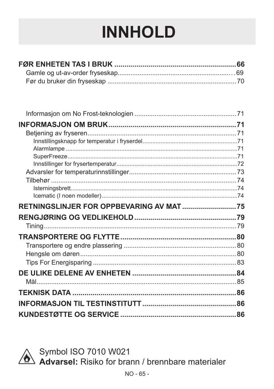 Innhold | GRAM FS 441862 N (v)/1 User Manual | Page 67 / 112