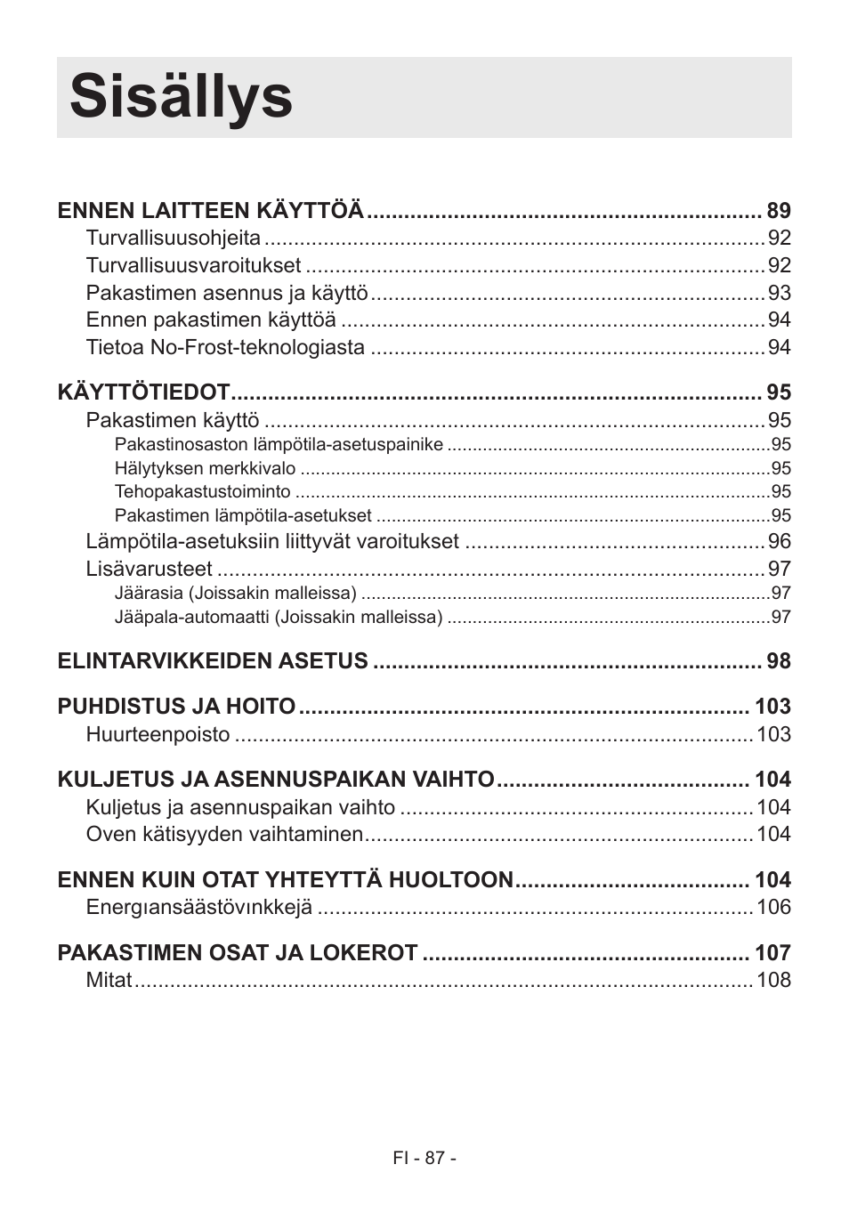 Sisällys | GRAM FS 441862 N (v)/1 User Manual | Page 89 / 112