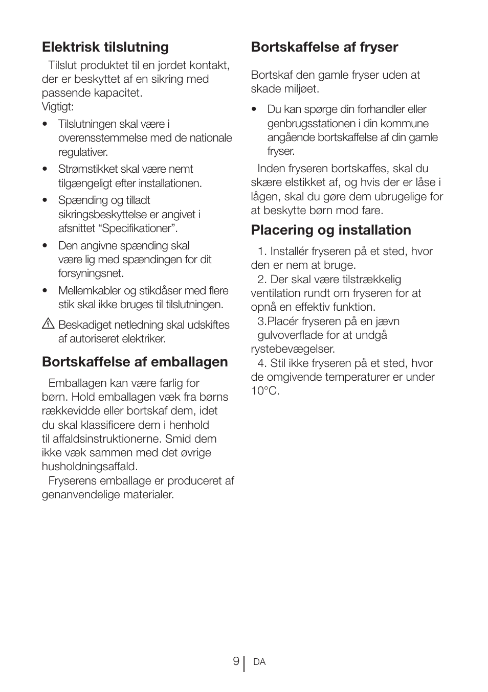 Elektrisk tilslutning, Bortskaffelse af emballagen, Bortskaffelse af fryser | Placering og installation | GRAM FS 3105-90/1 User Manual | Page 10 / 105