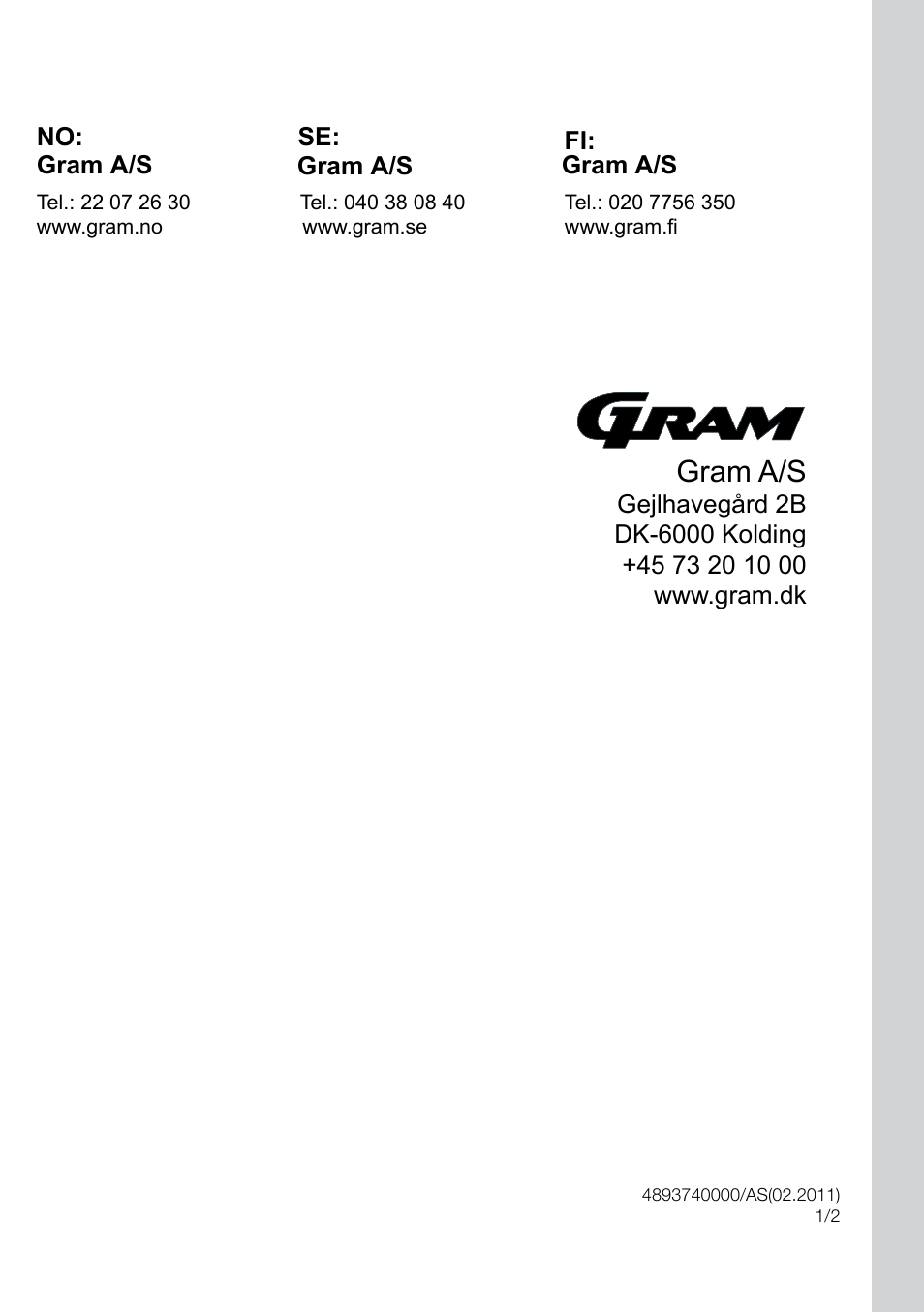 Gram a/s | GRAM FS 3105-90/1 User Manual | Page 105 / 105