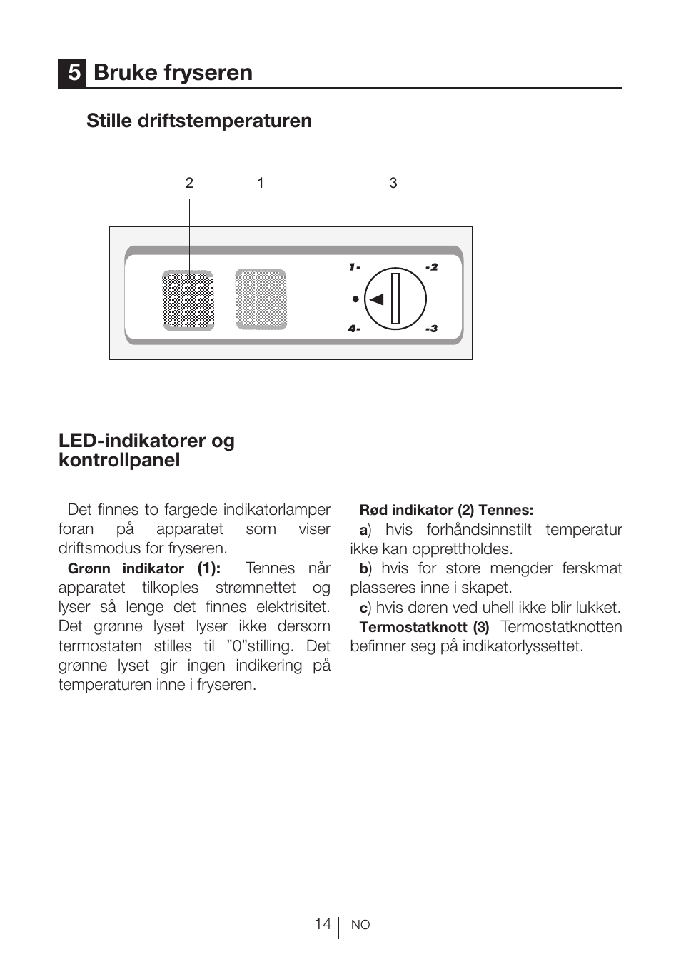5bruke fryseren, Stille driftstemperaturen, Led-indikatorer og kontrollpanel | GRAM FS 3105-90/1 User Manual | Page 34 / 105