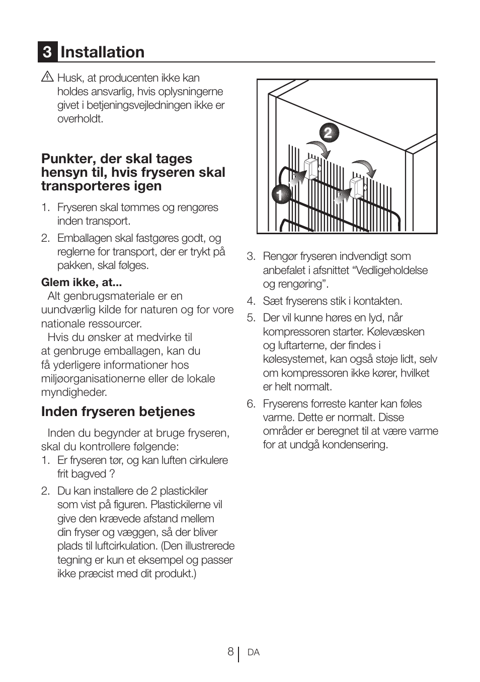 3installation, Inden fryseren betjenes | GRAM FS 3105-90/1 User Manual | Page 9 / 105