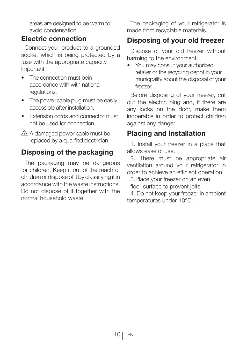 Electric connection, Disposing of the packaging, Disposing of your old freezer | Placing and installation | GRAM FS 3105-90/1 User Manual | Page 93 / 105