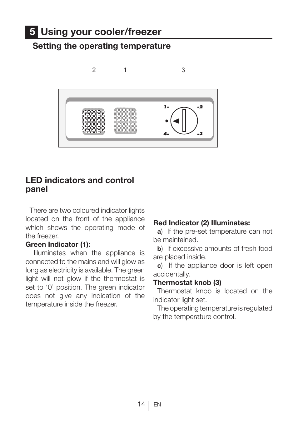 5using your cooler/freezer, Setting the operating temperature, Led indicators and control panel | GRAM FS 3105-90/1 User Manual | Page 97 / 105